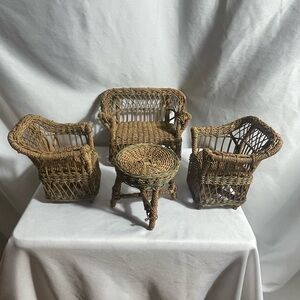Vintage Miniature Wicker Furniture Set – 4pc Dollhouse Rattan Chairs Table